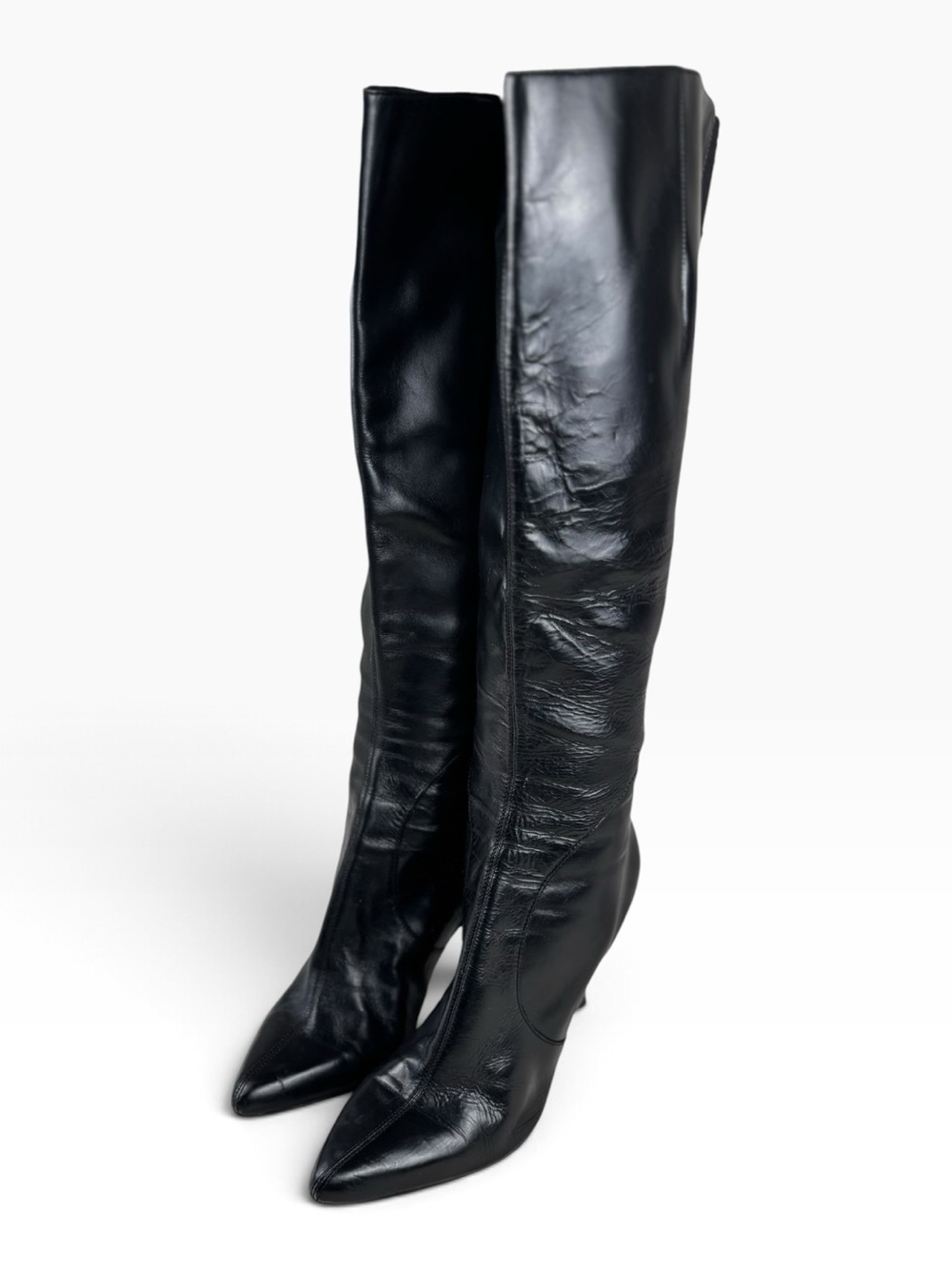 Nine West Gallivant Black Leather Knee-High Stiletto Boots - Womens Size 8.5 M